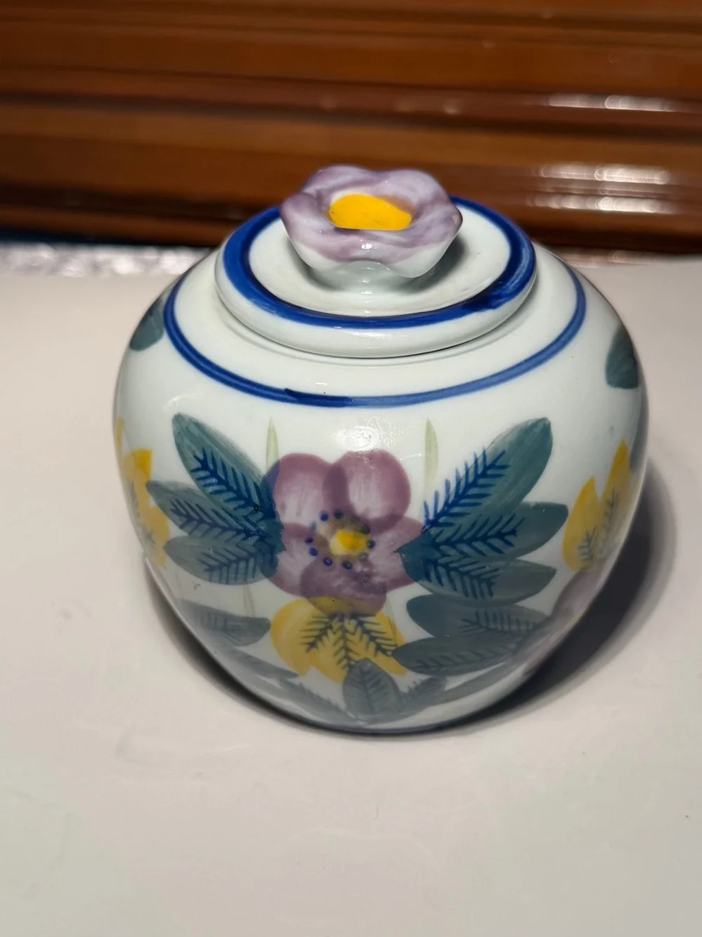 Vintage Porcelain Sugar Bowl with Purple Flower Lid Made In China